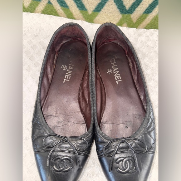 Chanel Quilted Black Leather CC Cap Toe Bow Ballet Flats Size 40 US 10 *READ* - Picture 12 of 16